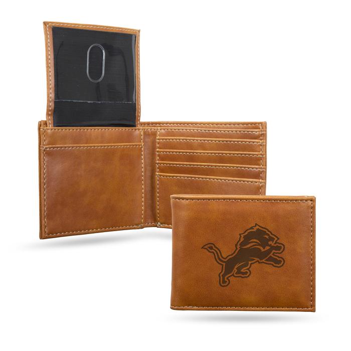 Detroit Lions Laser Engraved Brown Billfold Wallet