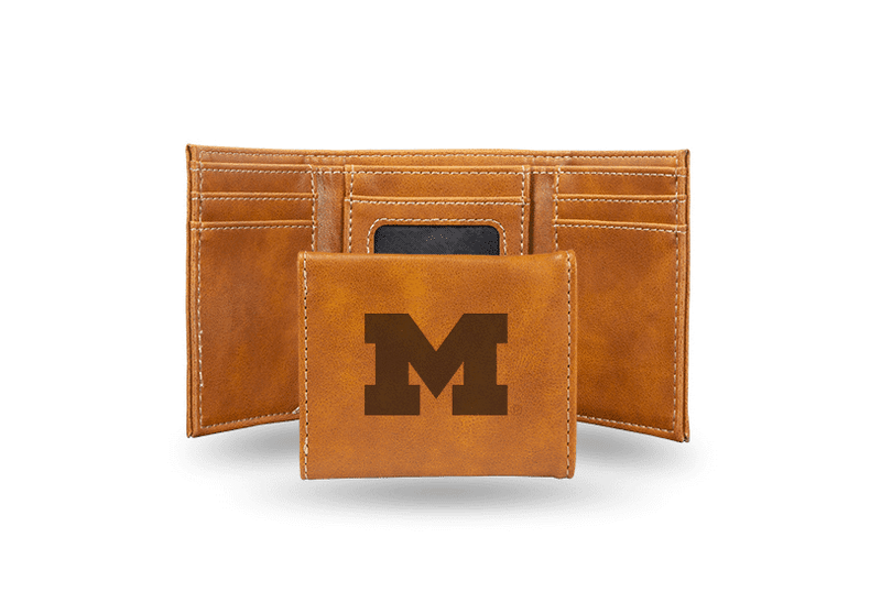 Michigan Wolverines Laser Engraved Tri-Fold Wallet - Brown